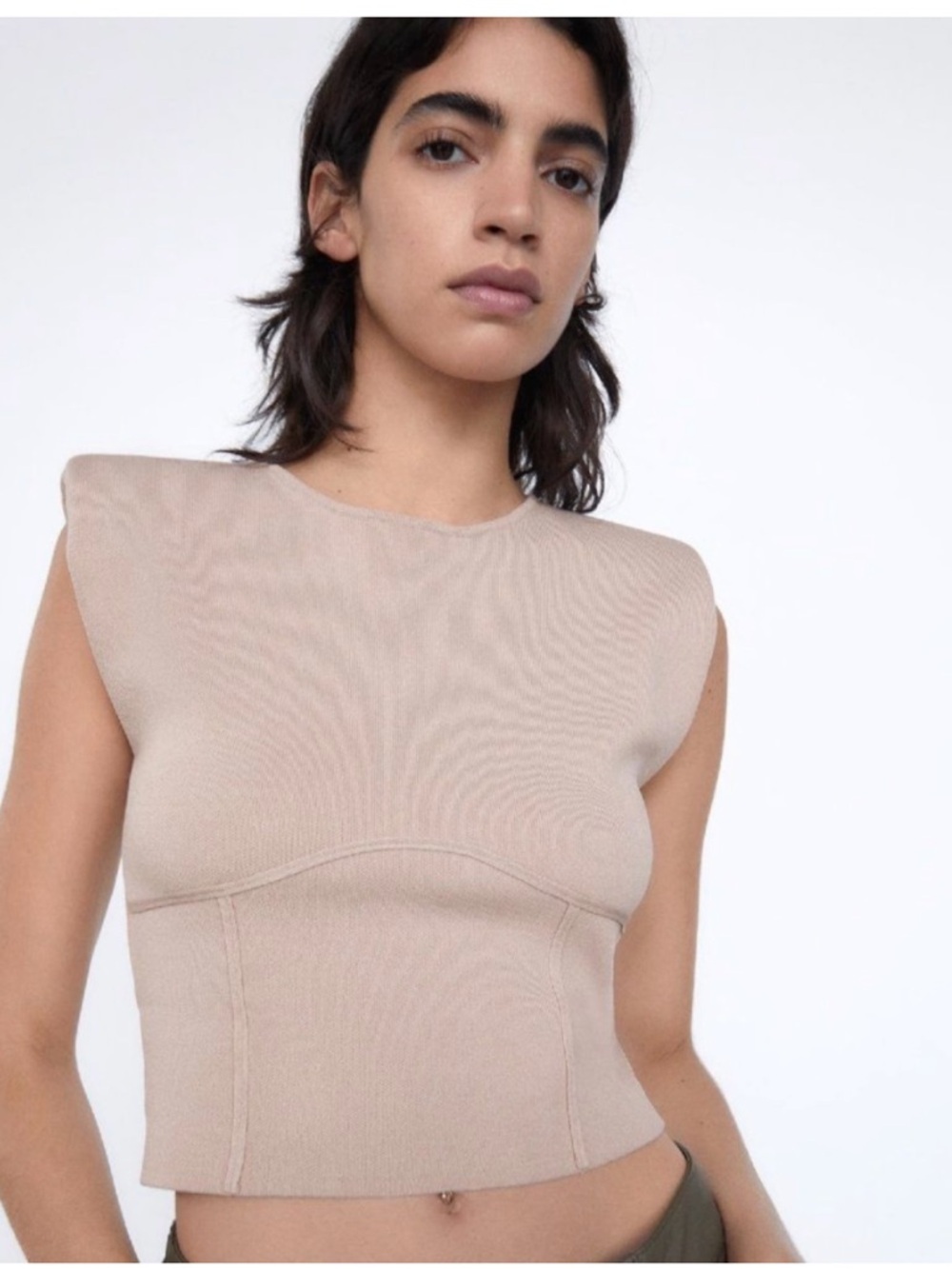 Zara Shoulder Pads Blush/beige knit Muscle Tee body Size Small